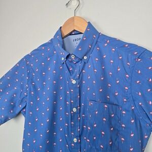 Izod Men's Shirt Small NWT‎ Blue Flamingo Print Button Up Short Sleeve Casual